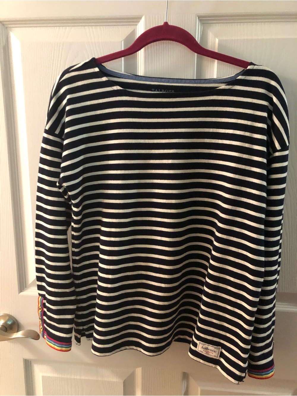 Talbots Black and White Striped Long-Sleeve Top with Rainbow Cuff